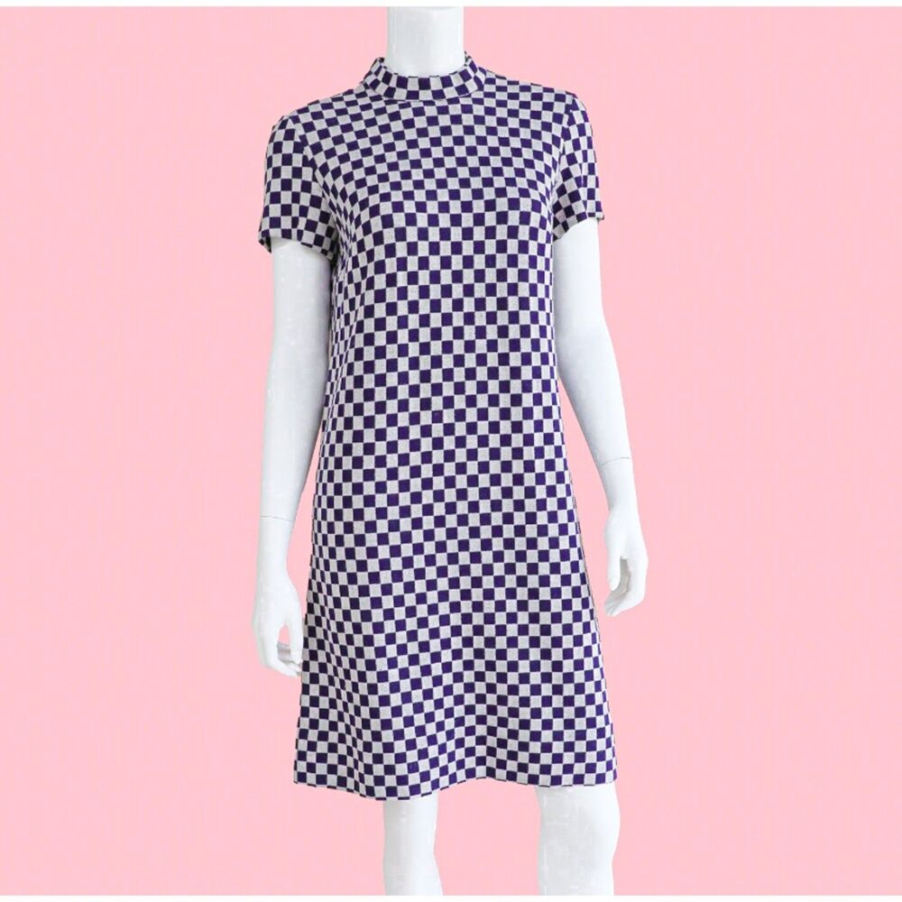 Vintage Wool Checkered Mini Dress Medium Purple White Mod 60s GoGo Mock Neck